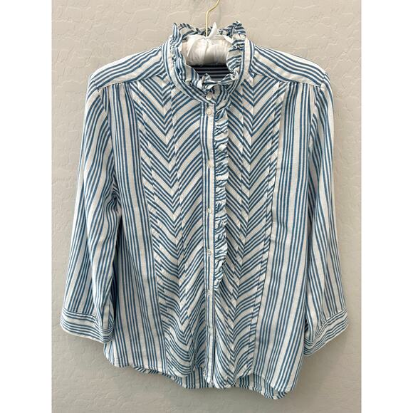 SUNDANCE | 100% Cotton Blue White Striped Ruffle‑Collar Blouse | Size Small - Picture 1 of 6